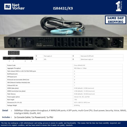 Cisco ISR4431/K9 – ISR4431 – Integrated Service Router – Same Day Shipping