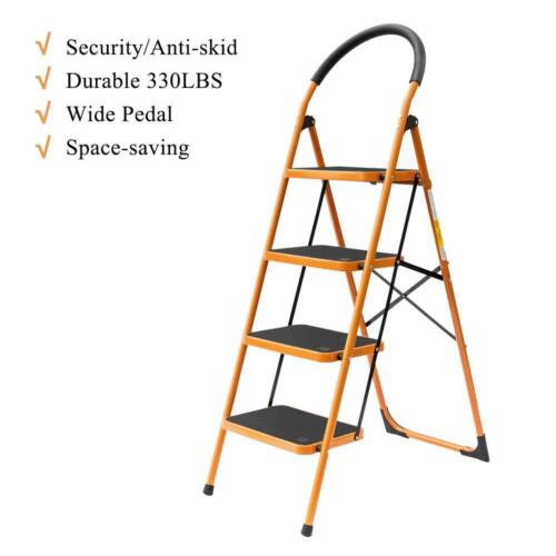 Practical 4 Step Ladder Folding Steel Work Platform Stool Safety 330lb Capacity