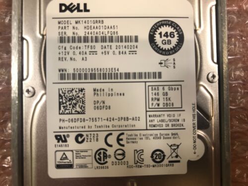 (Lot Of 8) 6DFD8 Dell MK1401GRRB 146Gb SAS 6Gbps 15K 2.5″ Hard Drive W/Caddy