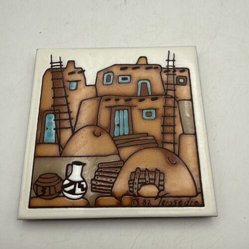 Vintage Cleo Teissedre Handpainted Adobe Dwellings 6×6 Inches Ceramic Tile 1982