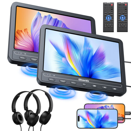 2x 10.5” Screen HD Car Headrest Monitor DVD Player for Kids USB HDMI w/ Headset