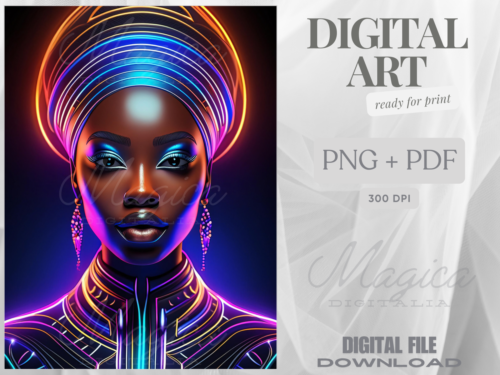 African Woman, Neon Lights, Glowing Lines, Digital AI Art, Wall, Poster, Print