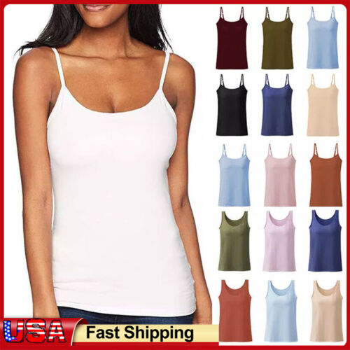 Womens Camisole Tops With Built in Bra Ladies V Neck Vest Padded Slim Tank Tops-