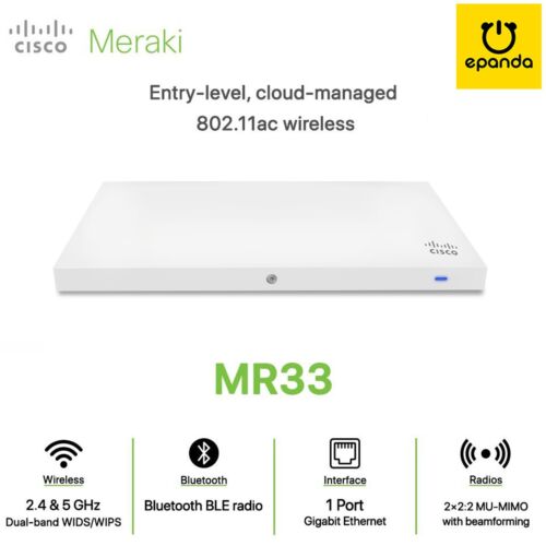 Cisco Meraki MR33-HW Wireless Wave 2 Access Point MR33 MU-MIMO AP – UNCLAIMED