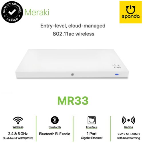 Cisco Meraki MR33 Wireless Wave 2 Access Point MU-MIMO AP – UNCLAIMED, 1Y-WTY