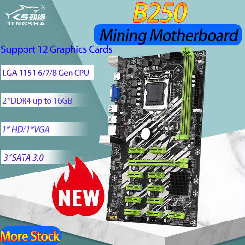 B250 Mining Machine Motherboard 12GPU 12PCI-E 16X LGA1151 DDR4 RAM SATA3.0 Miner