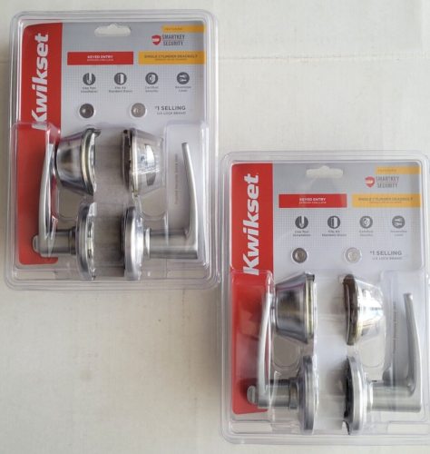 Lot 2 Kwikset Satin Chrome Delta Keyed Entry Lever Door Lock Deadbolt Combo Pack