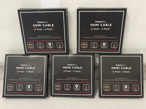 LOT OF 5 PowerBear 4K High Speed Braided HDMI 3 ft Cable w/ Gold Plated Tips 2PK