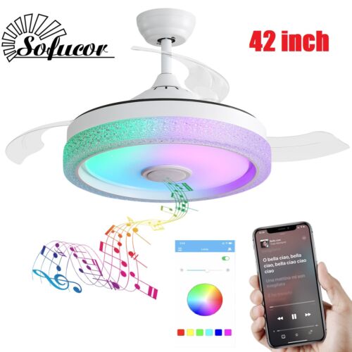 42” RGB LED Ceiling Fan Light Dimmable Adjustable Wind Speeds w/ Music Speaker