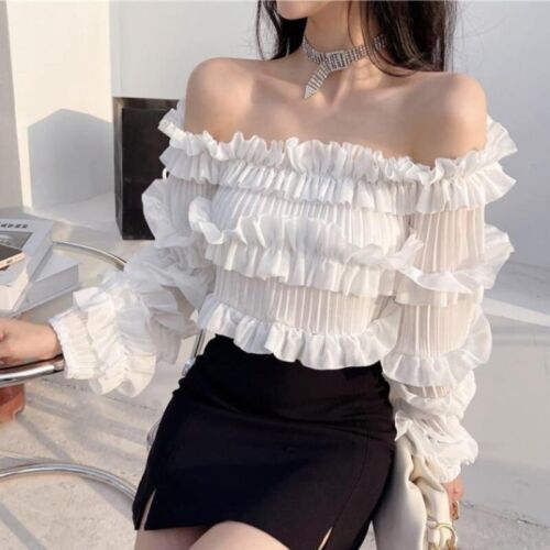 Womens Sweet Pleated Off Shoulder Long Puff Sleeves Asymmetric Chiffon Shirt Top