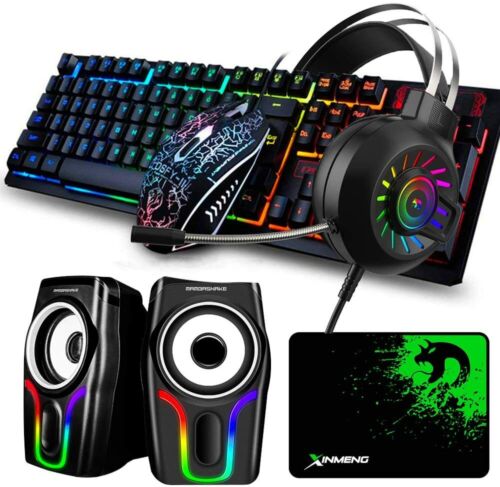 Wired Gaming Keyboard Mouse & Pad Set & Backlit Headset & RGB Speaker for PC PS4