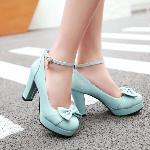 Women’s Lolita Splicing 7.5cm Chuny Heel Shoes Bowknot Round Toe Pumps Fashion