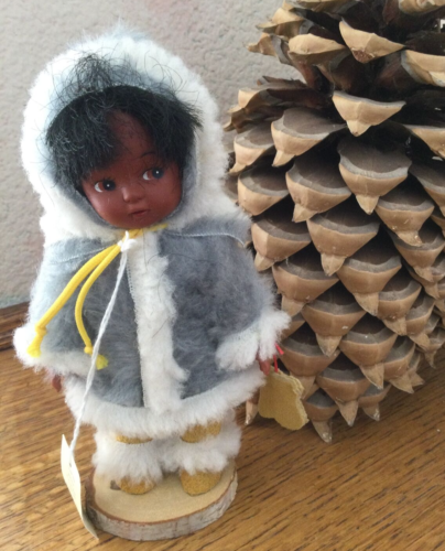 Vintage Hand Painted Eskimo Intuit Regal Doll in Fur Outfit Wood Stand 7″ Gift