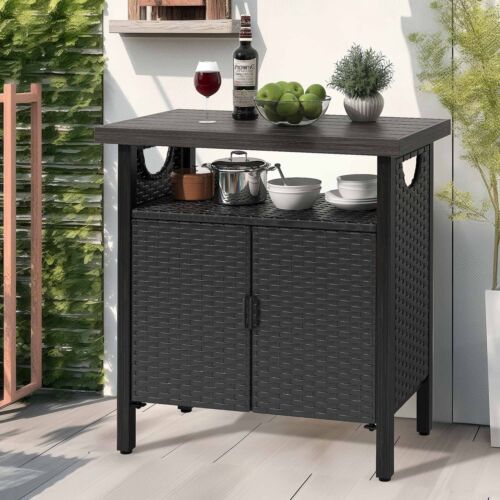 Patio Storage Cabinet Outdoor Wicker Rattan Bar Counter Table Organizer W/ Doors