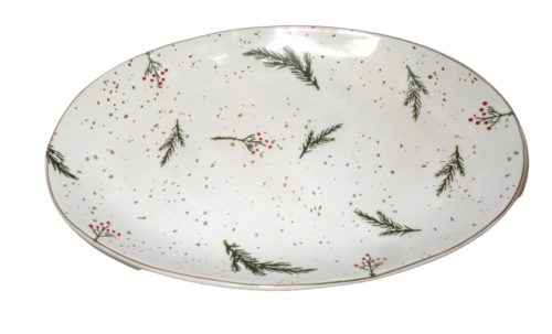 Potter’s Studio PINE BRANCH BOUGH AND HOLLY BERRY Oval Ceramic Platter – NEW