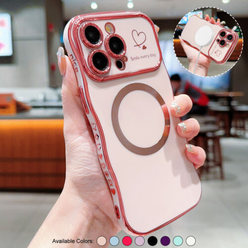 For iPhone 15 14 13 12 11 Pro Max Cute Curly Wave Frame Mag Safe Shockproof Case