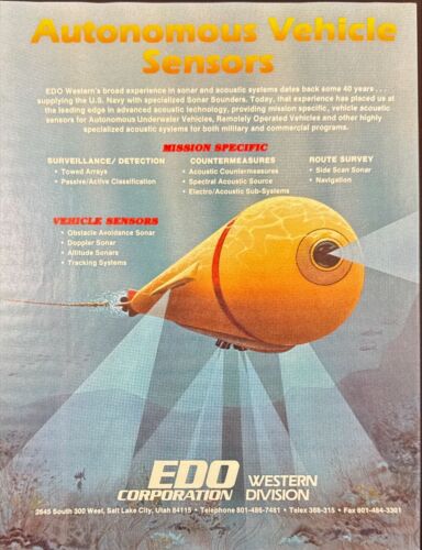 EDO Autonomous Vehicle Sensors U.S. Navy Side Scan Sonar Vtg Print Ad 1988