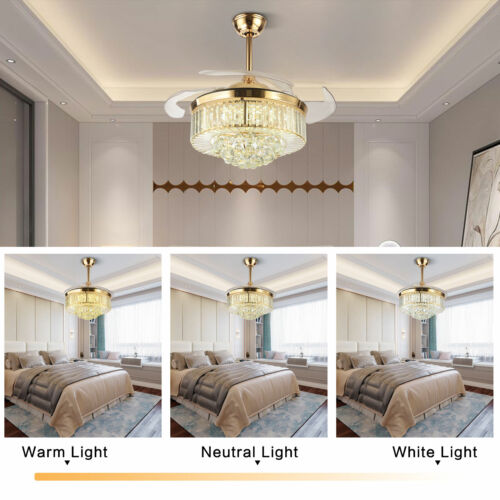 42″ 3-Color Crystal Chandelier Invisible Ceiling Fan Light Lamp LED w/Remote