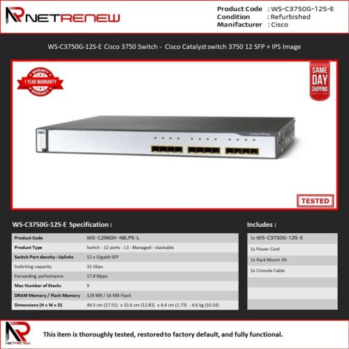 Cisco Catalyst WS-C3750G-12S-E 3750G 12-Port SFP Managed Network Switch