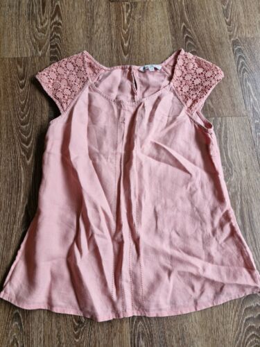 Fat Face Linen Top Dusky Apricot Cap Sleeve Lace Detail Size 10 Pink