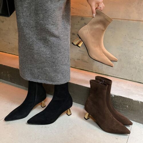 Women’s Suede Leather Boots High Heels Ankle Side Zipper Dress Party Short Boots