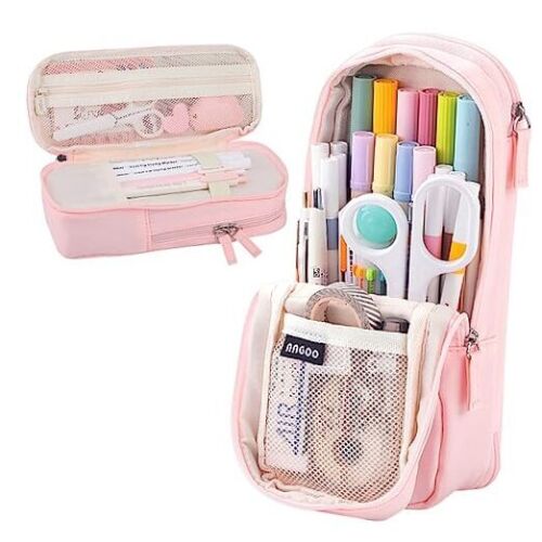 Standing Pencil Case 2 Compartments Pencil Pouch Magnetic Mobile Light Pink