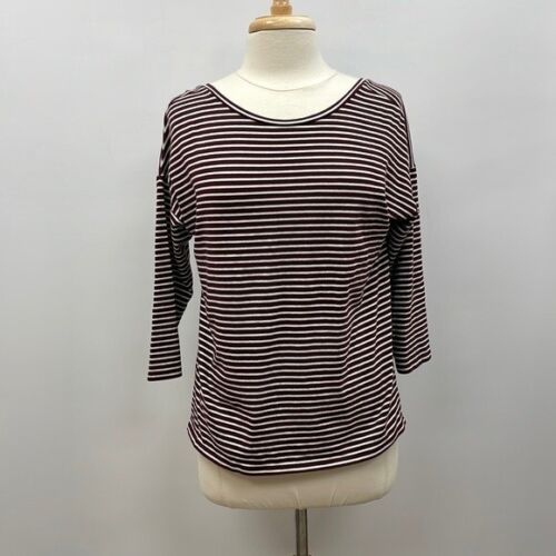 Ann Taylor LOFT Striped Boatneck 3/4 Sleeve Stretchy Knit Shirt Burgundy Medium