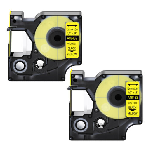 2PK Black on Yellow 18432 1/2″ IND Vinyl Label Tape for Dymo Rhino PRO 1000