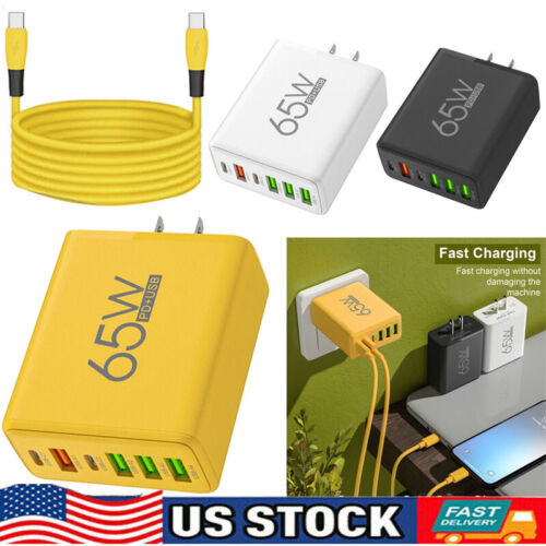 65W 6-Port USB Fast Charging Wall Charger Block PD Cable For All Cell Phone iPad