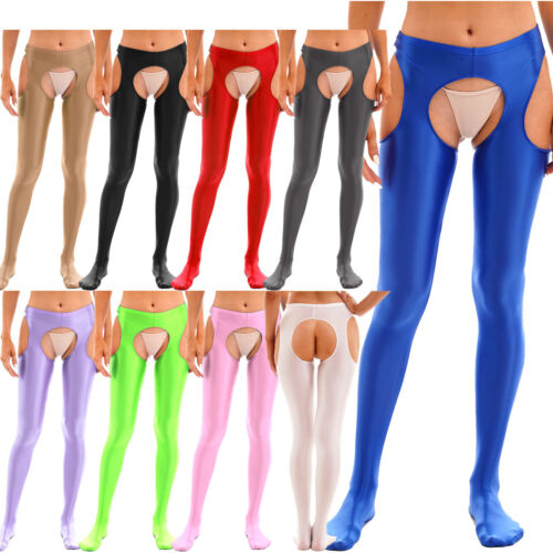 Women Glossy Open Crotch Pantyhose Elastic Tights Stockings Lingerie Long Pants