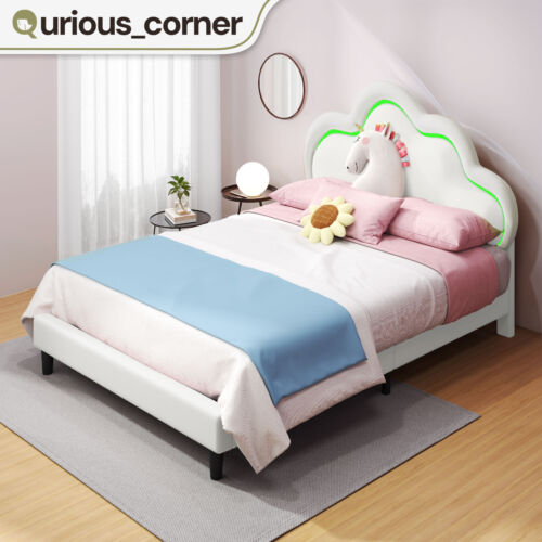 Queen Size Bed Frame for Princesses with Cloud-Shaped LED Headboard & Metal Slat