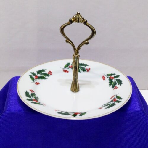 Bridgeford Porcelain Silverplate Holiday Server Holly Berry One Tier Cake Plate