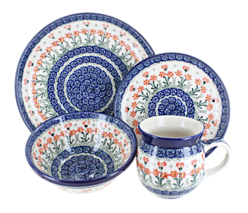 Blue Rose Polish Pottery Peach Posy 4 Piece Place Setting – Service for 1 NEW!