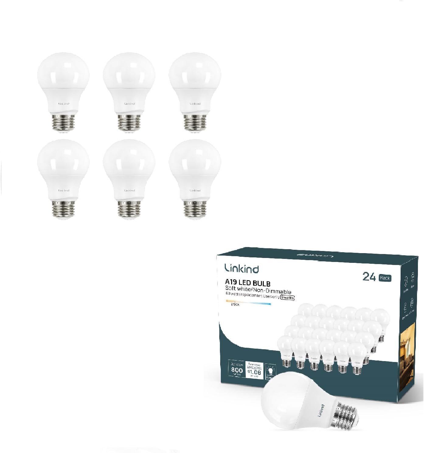 Linkind 60W Equivalent LED Light Bulbs 6 Packs A19 Dimmable Bulbs and 24 Packs A19 LED Light Bulbs Soft White Non Dimmable Bulbs