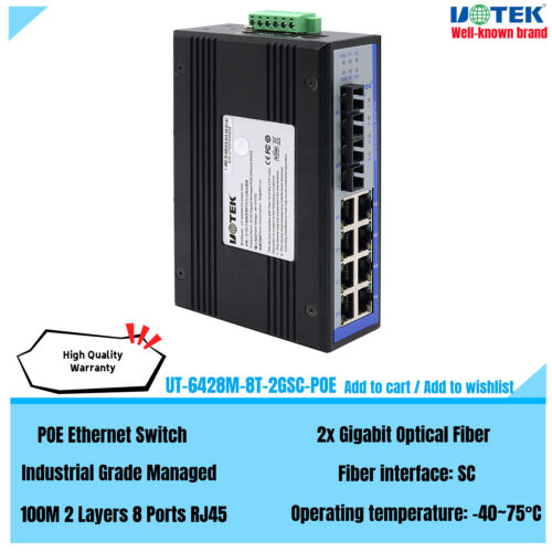 100M 8 Ports RJ45 Network Managed POE Ethernet Switch 2 Gigabit Optical Fiber SC