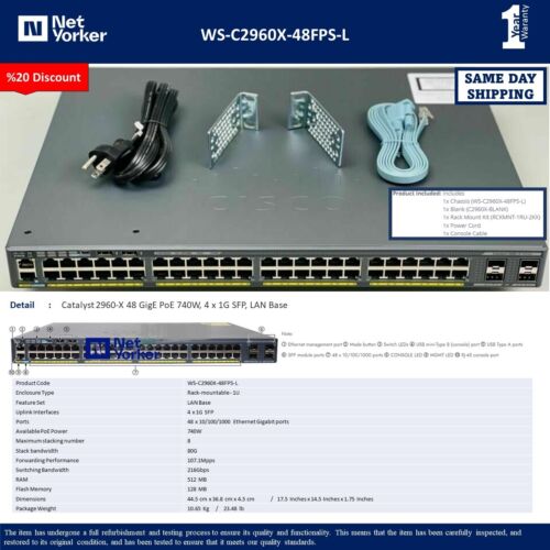 Cisco WS-C2960X-48FPS-L 48 Port PoE+ 2960X Gigabit Switch – Same Day Shipping