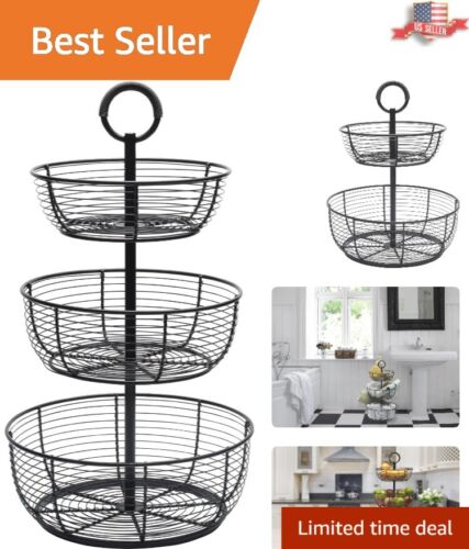 Heavy-Duty Sturdy Charcoal 3-Tier Metal Floor Standing Fruit/Home Storage Basket