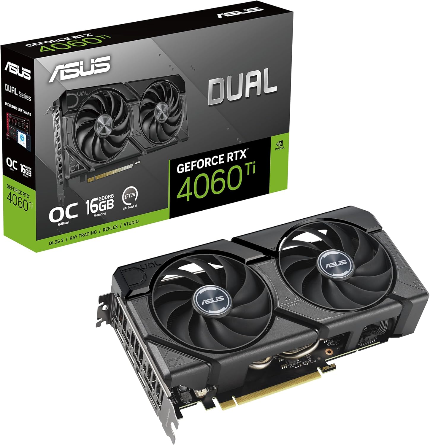 Asus Dual GeForce RTX 4060 Ti EVO OC Edition 16GB GDDR6 (PCIe 4.0, 16GB GDDR6, DLSS 3, HDMI 2.1a, DisplayPort 1.4a, 2.5-Slot Design, Axial-tech Fan Design, 0dB Technology, and More)