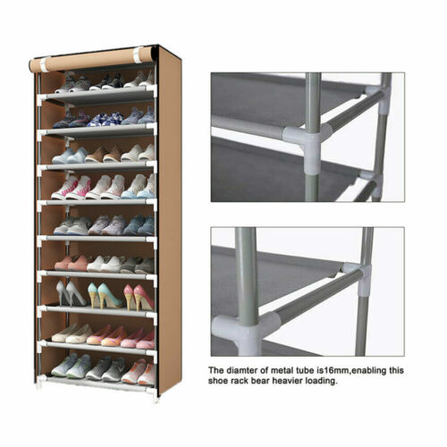 10-Tiers Entryway Tall Shoe Organizer Storage Large Capacity Shoe Rack Black USA