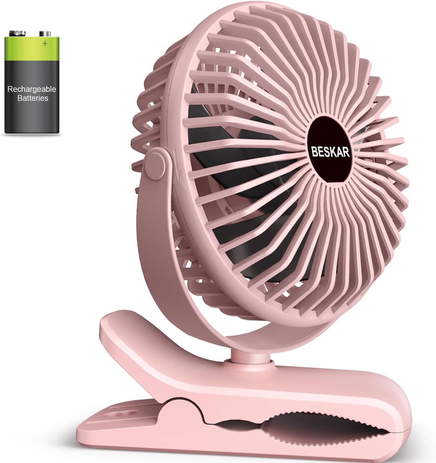 BESKAR 2 Pack Rechargeable Clip on Fan Blue and Pink Bundle Deal 4 Speeds Small Battery Operated Fan