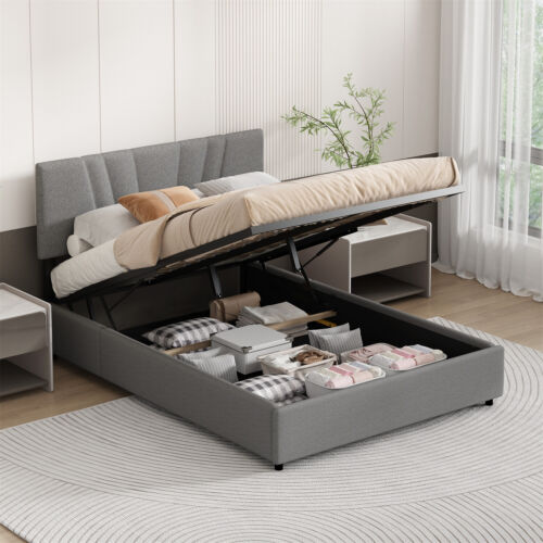 Queen Size Upholstered Platform Bed Frame w/ Hydraulic Storage System Grey New