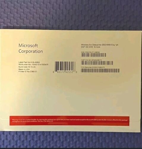 Microsoft Windows Server 2022 Datacenter 64Bit DVD 16Core – OEM Kit