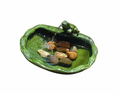 22300R01 Solar Powered Ceramic Frog Water Feature, Green Glazed Ceramic, Powe…