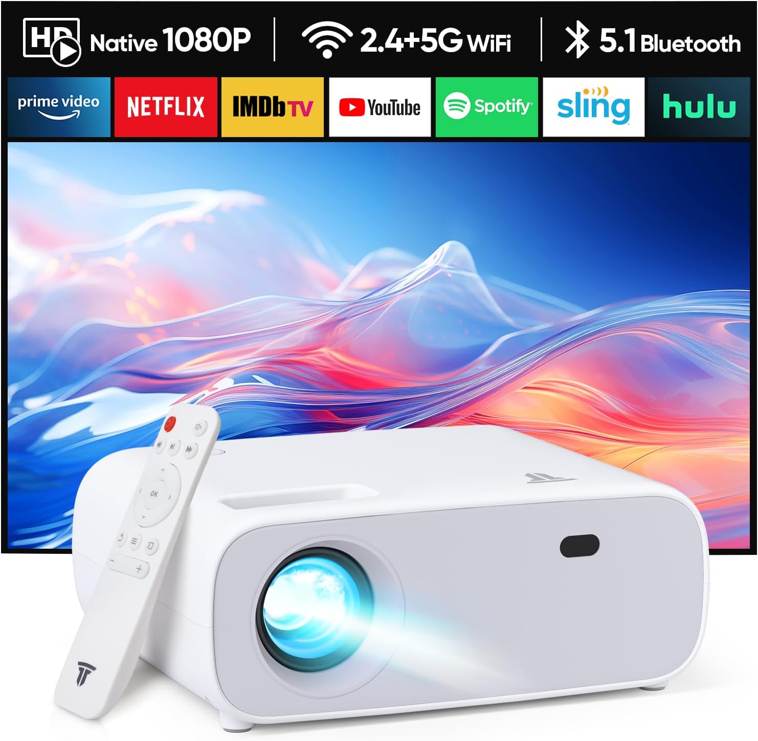 Projector with WiFi and Bluetooth,Portable Projectors with 4K support, Movie Projector Compatible with iOS/Android/HDMI/USB/TV Stick