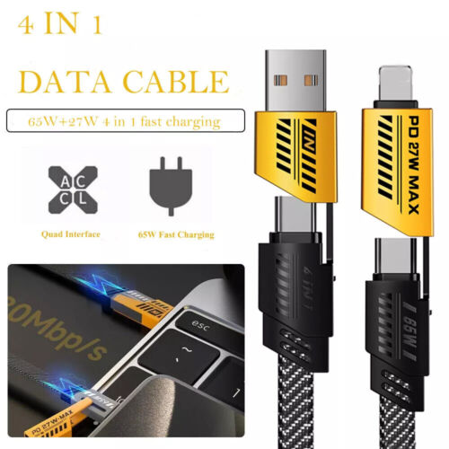 4-in-1 USB-C data Cable 65W Fast Charging Flat Braided Anti-Tangle Universal