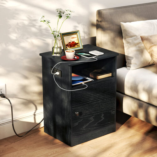 TC-HOMENY Nightstand Side Table with Power Station Bedroom End Table Night Stand