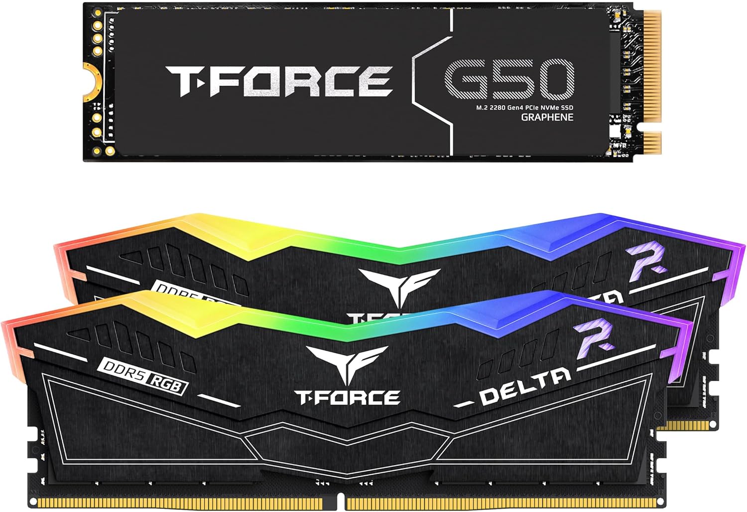 TEAMGROUP T-Force Delta RGB DDR5 32GB Kit (2x16GB) 6000MHz Desktop Memory (Black) FF3D532G6000HC38ADC01 Bundle with G50 1TB NVMe PCIe Gen4 M.2 2280 Gaming SSD (Read 5000) TM8FFE001T0C129