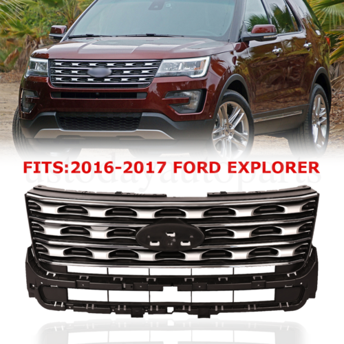 For Ford Explorer 2016 2017 Front Bumper Upper Grille Grill Silver Coated Black