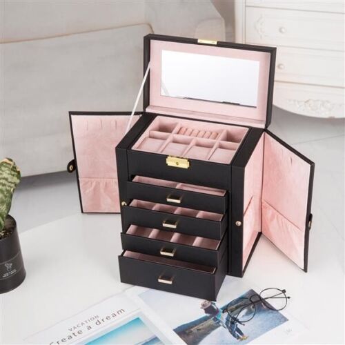 360° Rotating Jewelry Box W/ 5 Drawers Vertical Storage Organizer Glass Window