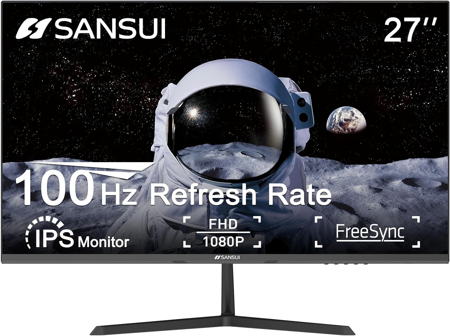 SANSUI 27 Inch Monitor, IPS 100Hz Computer Monitor Full HD 1920 x 1080P with HDMI VGA Interface Eye Care Frameless 100 x 100mm VESA (ES-27X3AL, HDMI Cable Included) (Renewed)